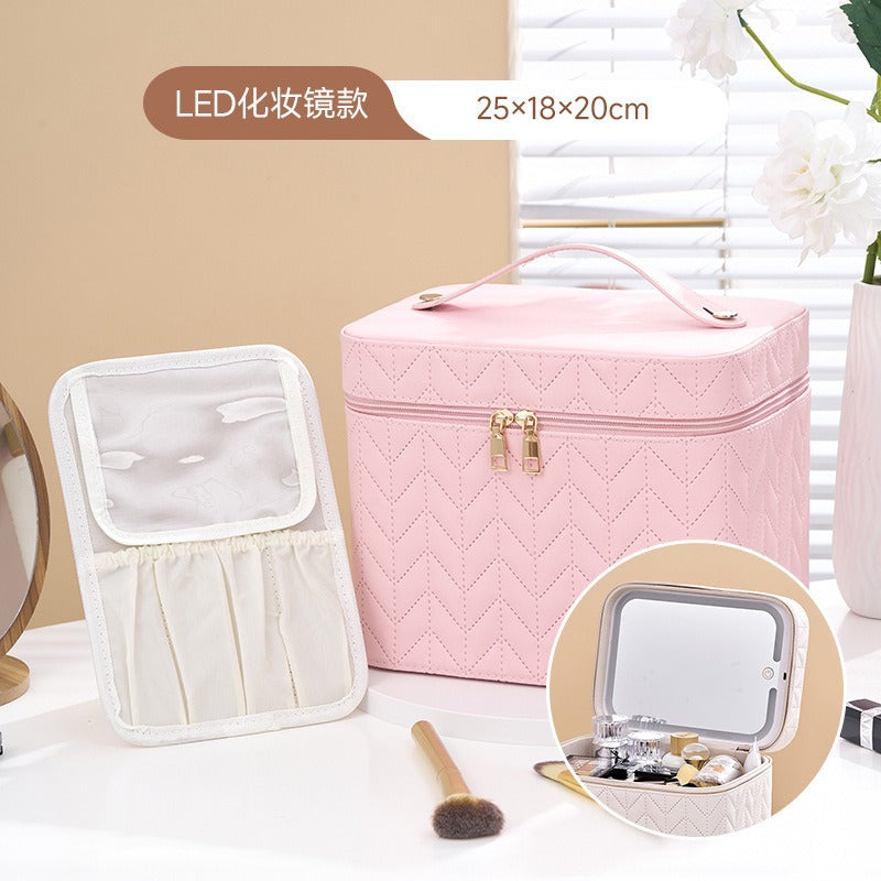 Easy And High-Value PU LED Light with Mirror Cosmetic Case Large-Capacity Cosmetic Bag Going Out Travel Storage Bag