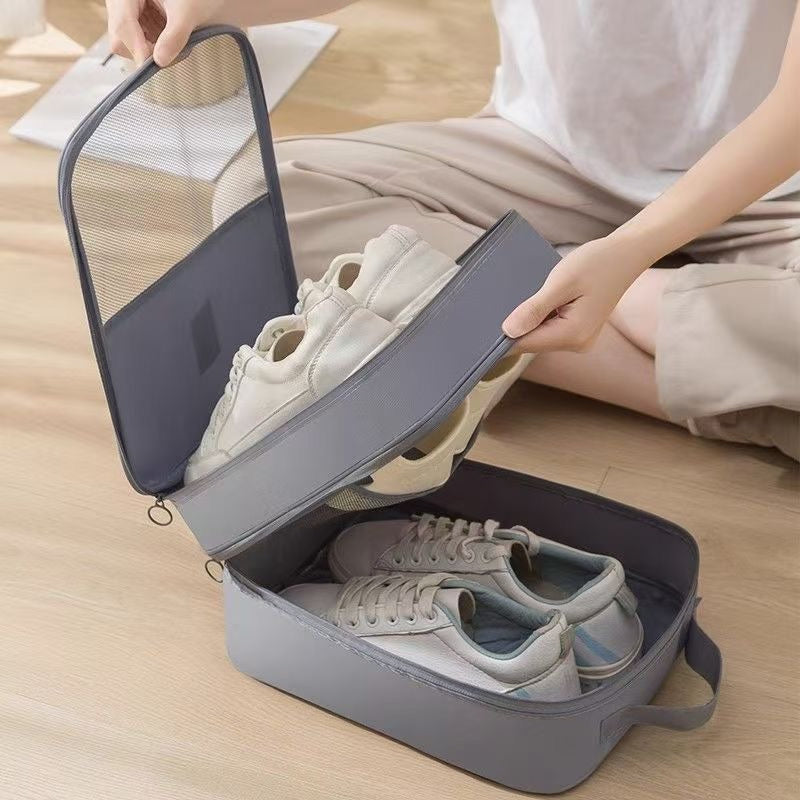 2 Pairs of Portable Large-Capacity Shoe Storage Bags | Suitable for Travel, Durable, Dustproof And Breathable Storage Box, Ergonomic Handle, Gray\u002FBlack, Compact Travel Gear, Practical Design