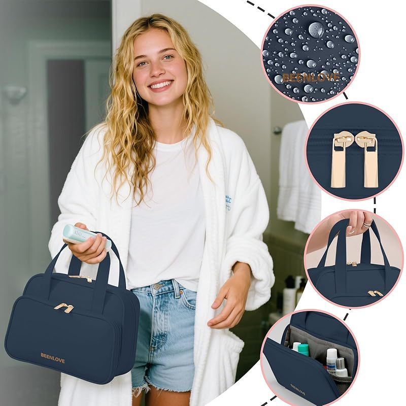 Travel Toiletry Bag . Water-resistant PU Leather Makeup Bag with Multiple Compartments . Large Capacity Makeup Organizer Bag with Handle for Accessories . Essentials . Toiletries . Navy Blue