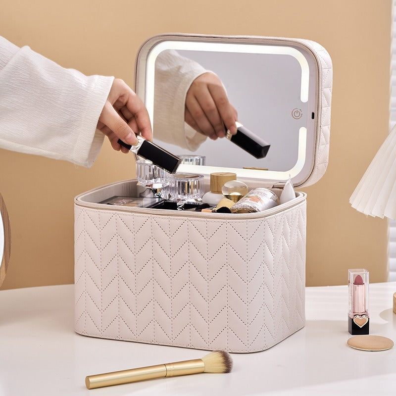 Easy And High-Value PU LED Light with Mirror Cosmetic Case Large-Capacity Cosmetic Bag Going Out Travel Storage Bag
