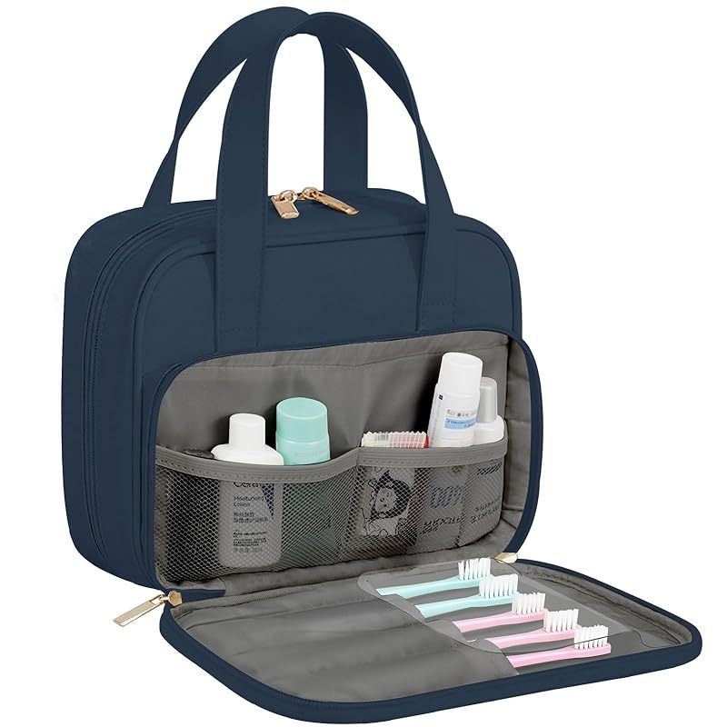 Travel Toiletry Bag . Water-resistant PU Leather Makeup Bag with Multiple Compartments . Large Capacity Makeup Organizer Bag with Handle for Accessories . Essentials . Toiletries . Navy Blue