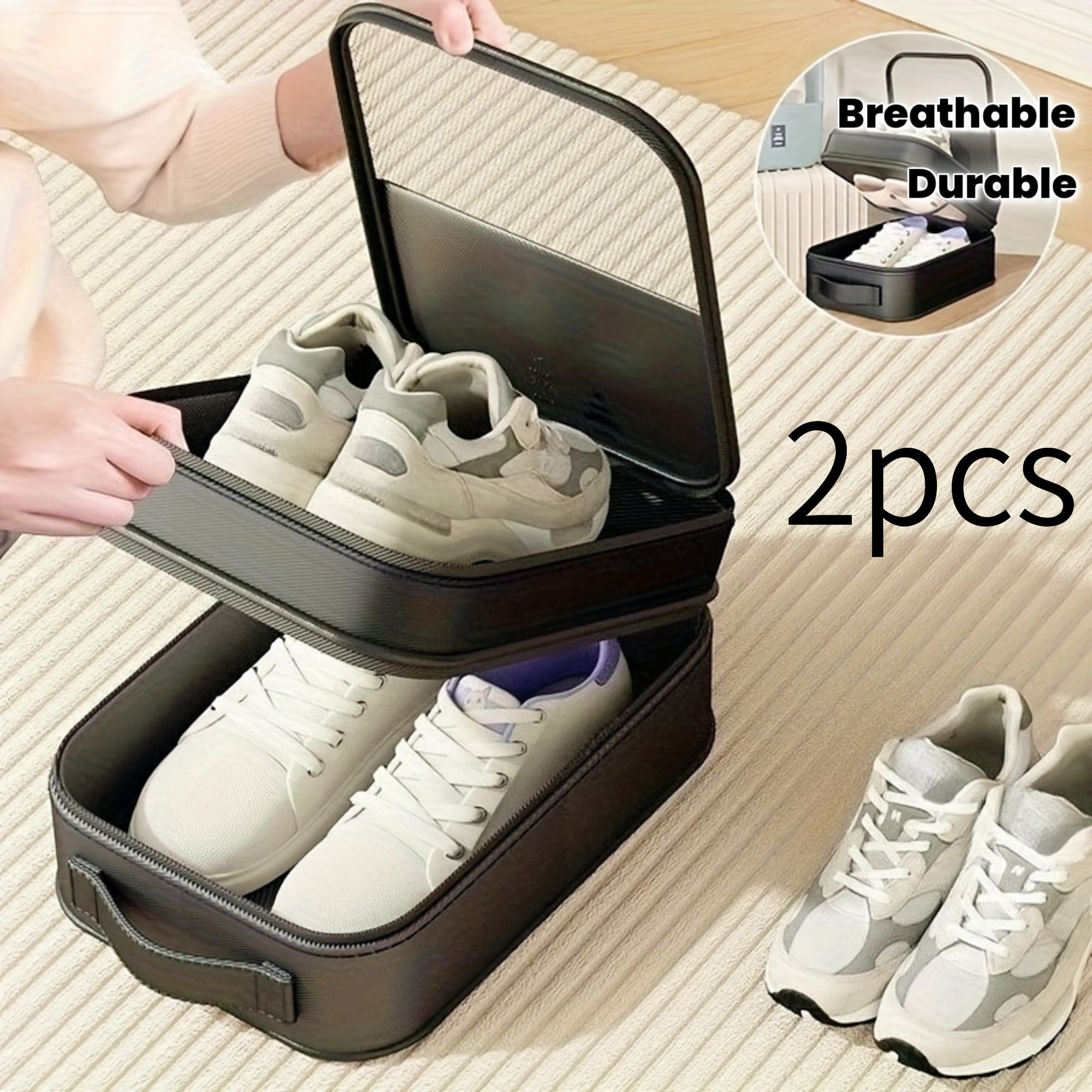 2 Pairs of Portable Large-Capacity Shoe Storage Bags | Suitable for Travel, Durable, Dustproof And Breathable Storage Box, Ergonomic Handle, Gray\u002FBlack, Compact Travel Gear, Practical Design