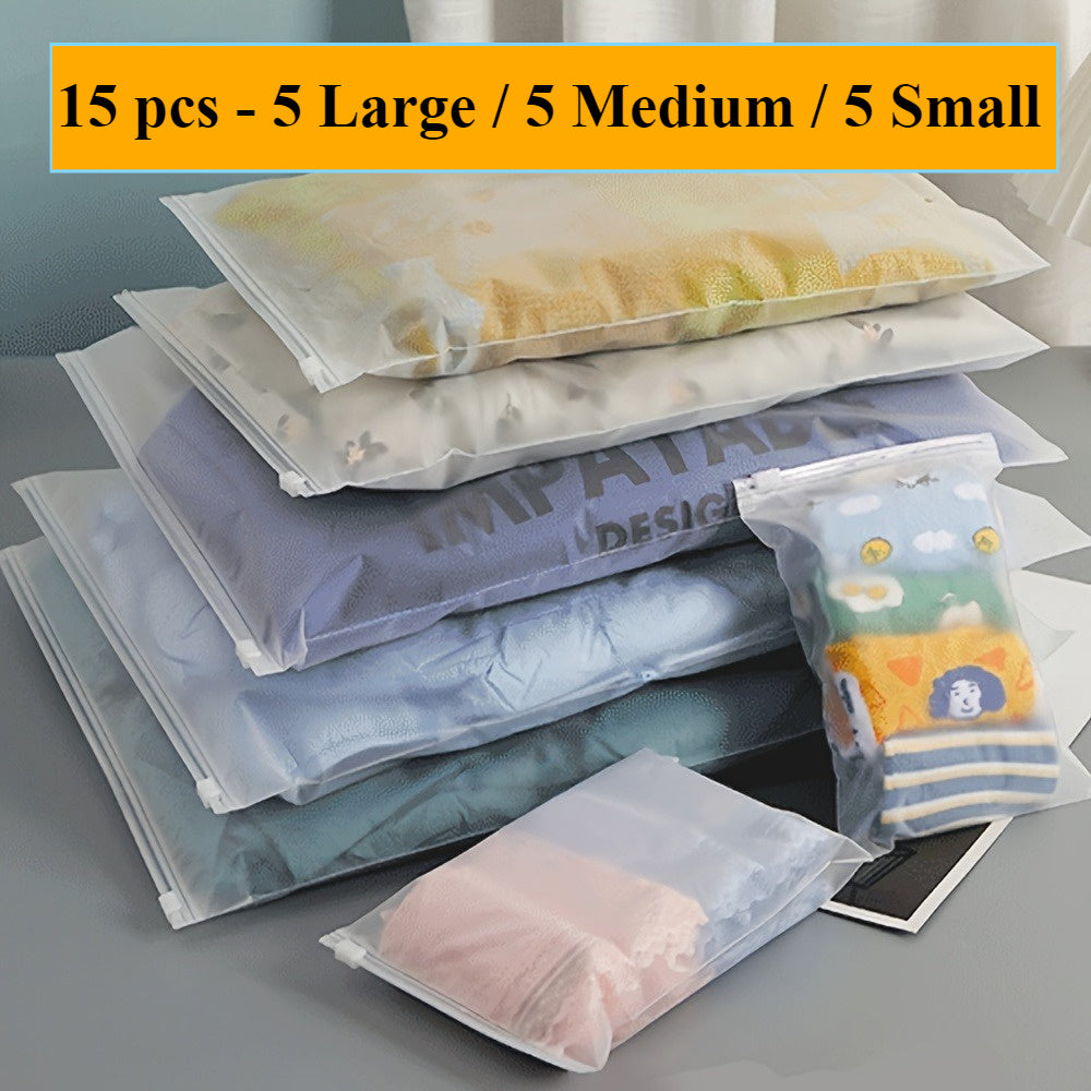 15pcs Travel Storage Bags, Various Sizes (5 Large, 5 Medium, 5 Small) - Transparent, Zipper Sealed, Reusable Storage Bags for Clothes, Shoes, Space-Saving and Durable Packing Bags