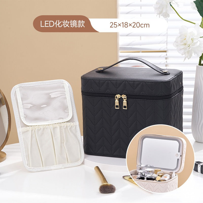 Easy And High-Value PU LED Light with Mirror Cosmetic Case Large-Capacity Cosmetic Bag Going Out Travel Storage Bag