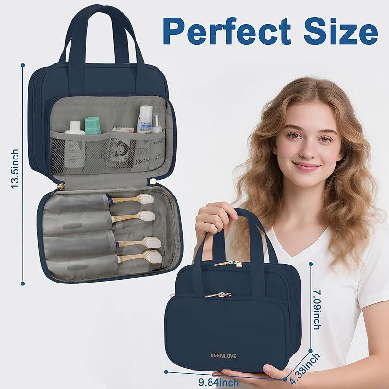 Travel Toiletry Bag . Water-resistant PU Leather Makeup Bag with Multiple Compartments . Large Capacity Makeup Organizer Bag with Handle for Accessories . Essentials . Toiletries . Navy Blue