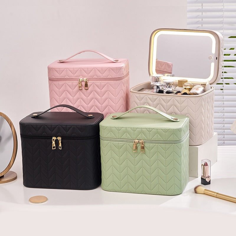 Easy And High-Value PU LED Light with Mirror Cosmetic Case Large-Capacity Cosmetic Bag Going Out Travel Storage Bag