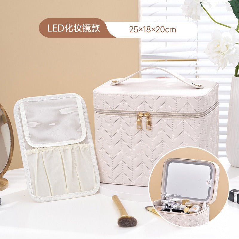 Easy And High-Value PU LED Light with Mirror Cosmetic Case Large-Capacity Cosmetic Bag Going Out Travel Storage Bag