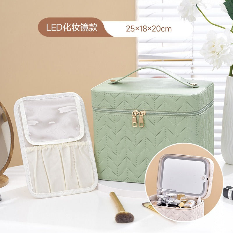Easy And High-Value PU LED Light with Mirror Cosmetic Case Large-Capacity Cosmetic Bag Going Out Travel Storage Bag