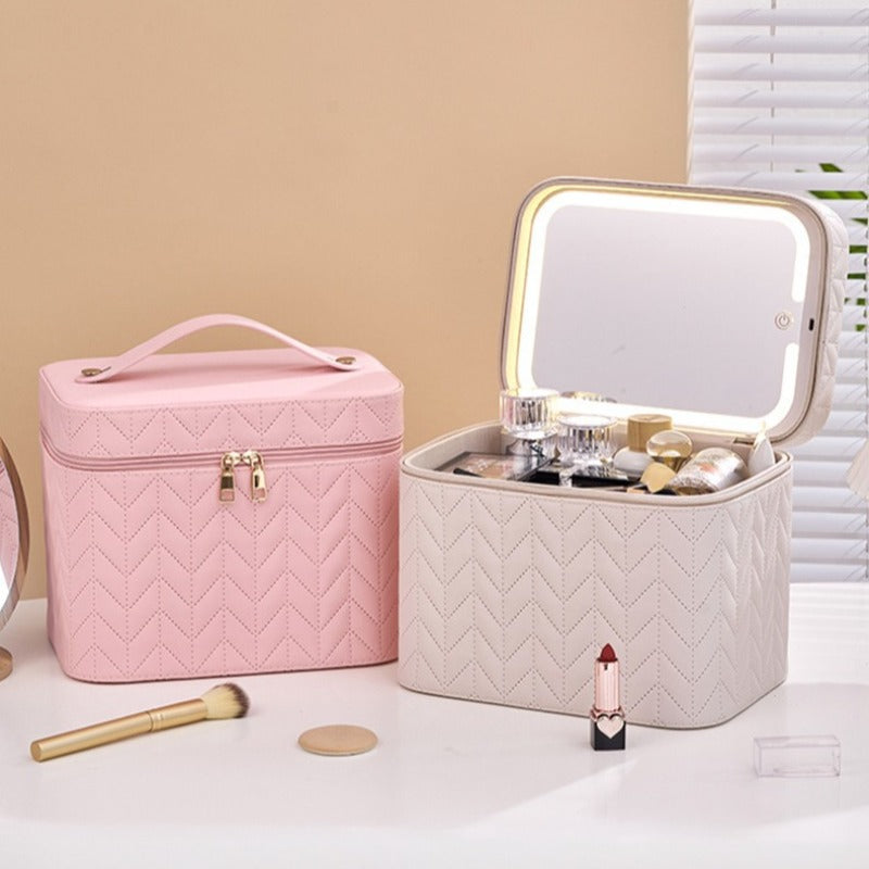 Easy And High-Value PU LED Light with Mirror Cosmetic Case Large-Capacity Cosmetic Bag Going Out Travel Storage Bag