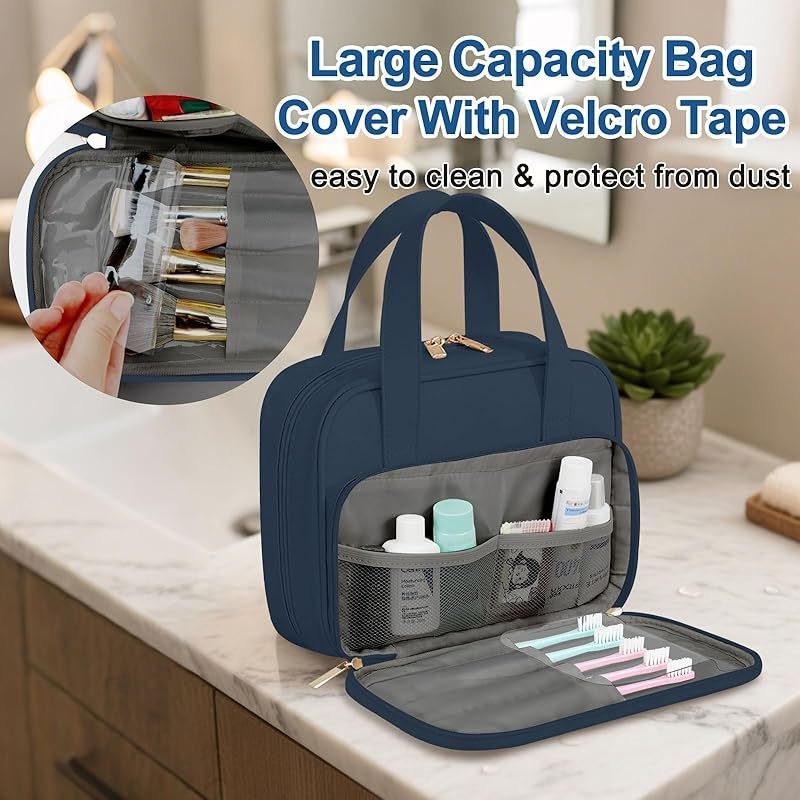 Travel Toiletry Bag . Water-resistant PU Leather Makeup Bag with Multiple Compartments . Large Capacity Makeup Organizer Bag with Handle for Accessories . Essentials . Toiletries . Navy Blue